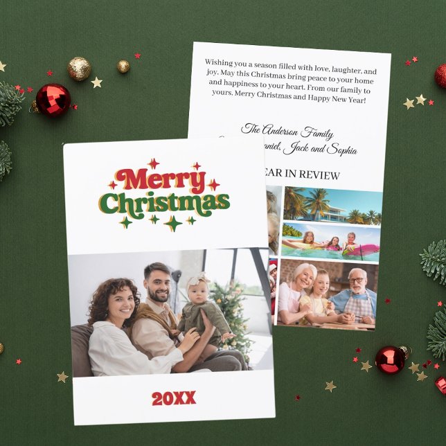 Cartes Pour Fêtes Annuelles Joyeux Noël rouge vert photo année en examen (Créateur téléchargé)