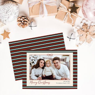 Cartes Pour Fêtes Annuelles Joyeux Noël Rouge & Vert Rayé 1 Photo