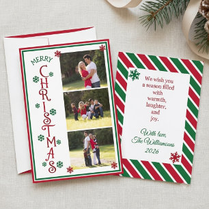 Cartes Pour Fêtes Annuelles Joyeux Noël Rouge Vert Rayé 3 Photo Famille