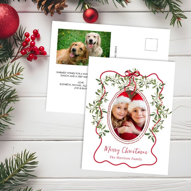 Cartes Pour Fêtes Annuelles Joyeux Noël Rouge Wavy Frame Bow Green Photo (Créateur téléchargé)