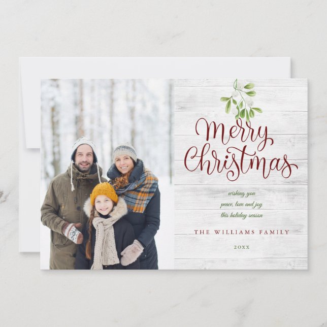 Cartes Pour Fêtes Annuelles Joyeux Noël Rustic Wood Mistletoe 2 Photo (Devant)