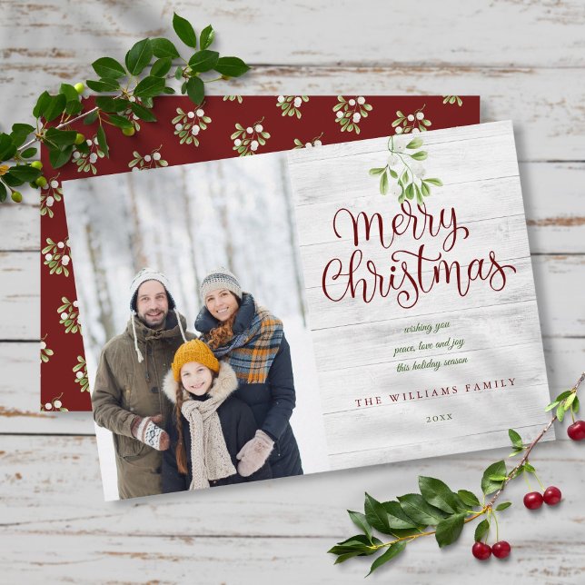 Cartes Pour Fêtes Annuelles Joyeux Noël Rustic Wood Mistletoe Photo (Merry Christmas Rustic Wood Mistletoe Photo Holiday Card)