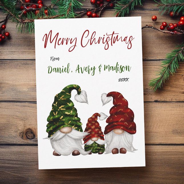 Cartes Pour Fêtes Annuelles Joyeux Noël Rustique Aquarelle Famille Gnome (Available in high quality print or digital download for quick text messaging, email or self print.)