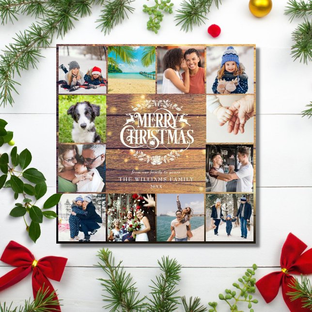 Cartes Pour Fêtes Annuelles Joyeux Noël Rustique Bois 12 Photo Collage (Créateur téléchargé)