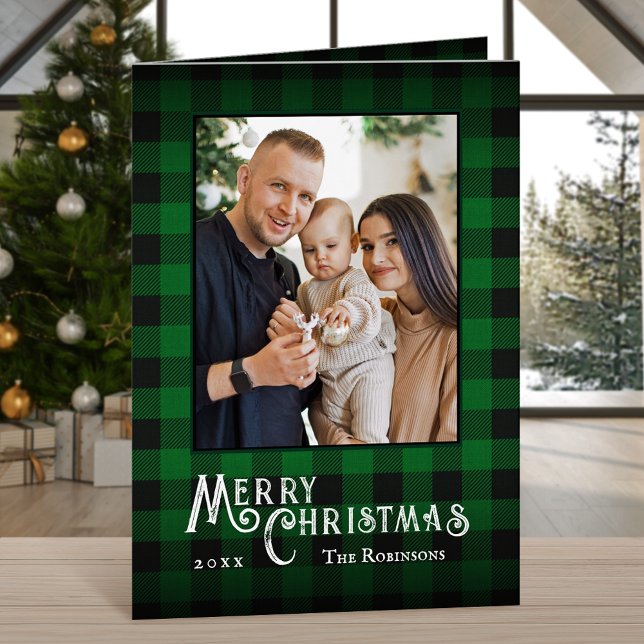 Cartes Pour Fêtes Annuelles Joyeux Noël Rustique Buffalo Vert Plaid Photo (Available in high quality print or digital download for quick text messaging, email or self print.)