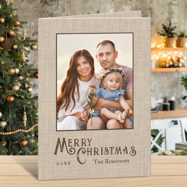 Cartes Pour Fêtes Annuelles Joyeux Noël Rustique Burlap Imprimer Photo Famille (Available in high quality print or digital download for quick text messaging, email or self print.)