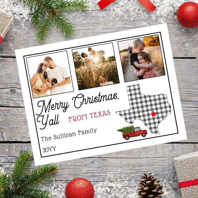 Cartes Pour Fêtes Annuelles Joyeux Noël rustique du Texas 3 Photo (Rustic "Merry Christmas Y'all from Texas" Three Photo and State Holiday Postcard)