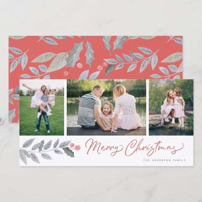 Cartes Pour Fêtes Annuelles Joyeux Noël Rustique Floral 3 Photo Collage (Devant / Derrière)