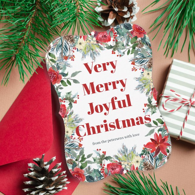 Cartes Pour Fêtes Annuelles Joyeux Noël saisonnier rouge vert fleuri couronne (Créateur téléchargé)