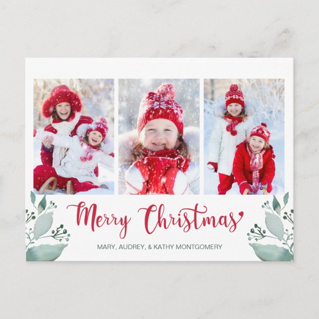 Cartes Pour Fêtes Annuelles Joyeux Noël Script aquarelle feuille 3 photo (Devant)