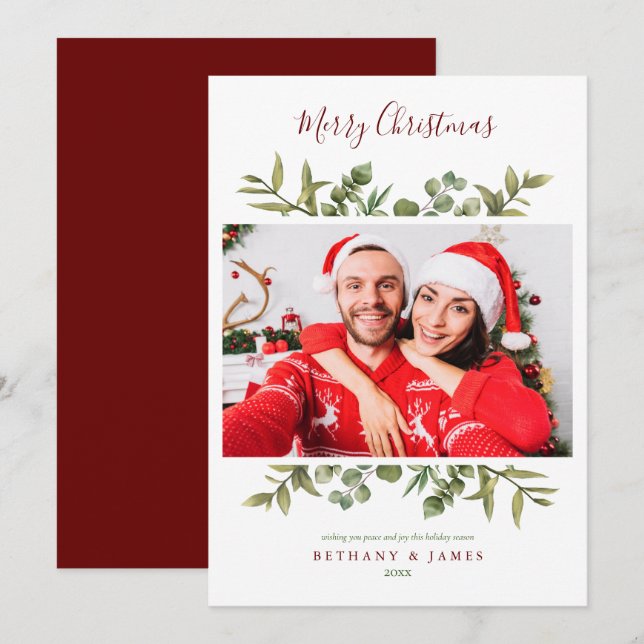 Cartes Pour Fêtes Annuelles Joyeux Noël Script de verdure Couples Photo (Devant / Derrière)
