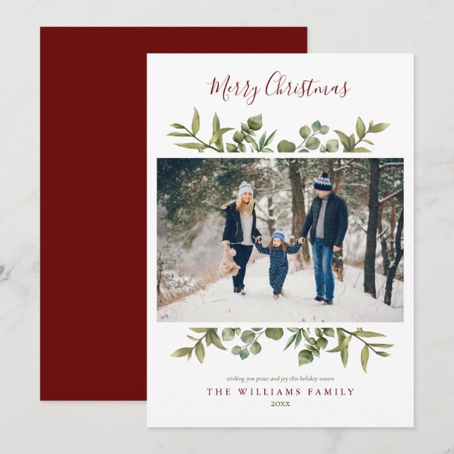 Cartes Pour Fêtes Annuelles Joyeux Noël Script de verdure Foliage Photo (Devant / Derrière)