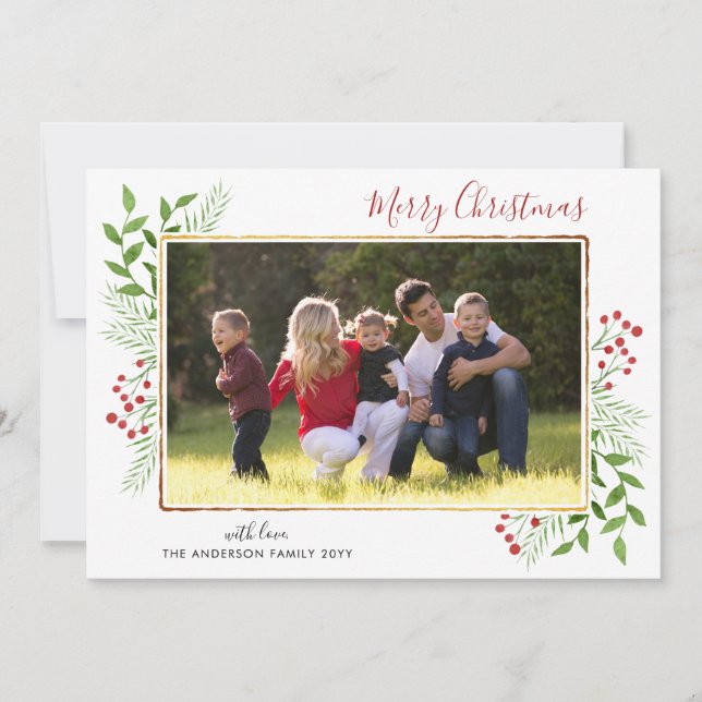 Cartes Pour Fêtes Annuelles Joyeux Noël Script Feuilles Berries Gold Photo (Devant)