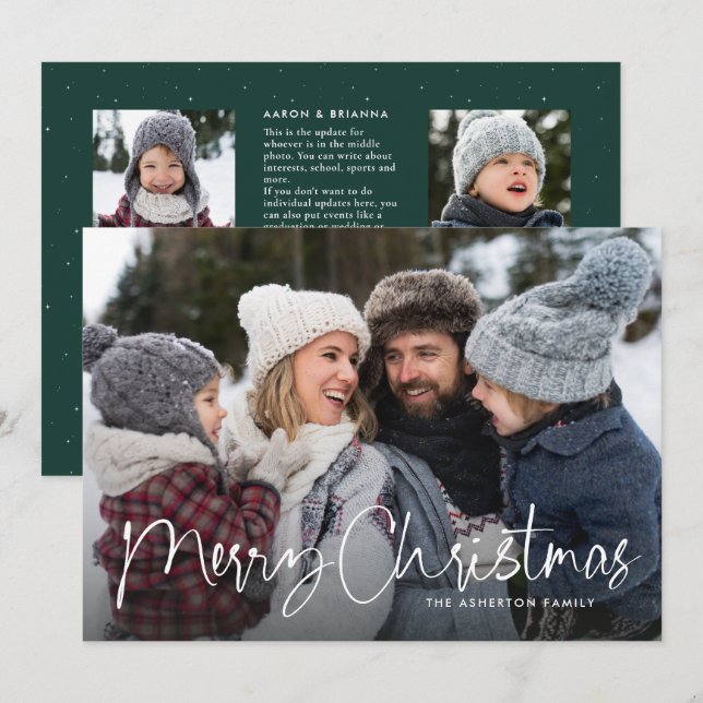 Cartes Pour Fêtes Annuelles Joyeux Noël script lettre d'information de famille (Devant / Derrière)
