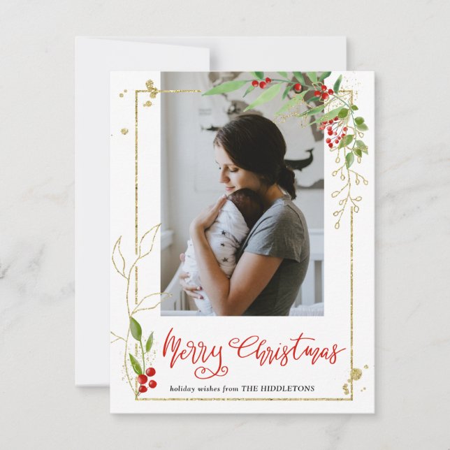 Cartes Pour Fêtes Annuelles Joyeux Noël | Script Photo Berry Holly Frame (Devant)