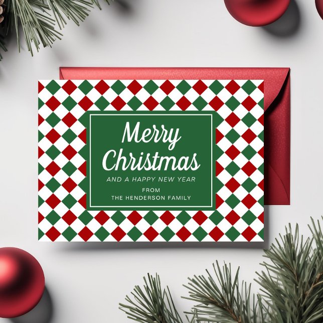 Cartes Pour Fêtes Annuelles Joyeux Noël Script Photo Rouge Green Checks (Merry Christmas Script Photo Red Green Checks Holiday Card)