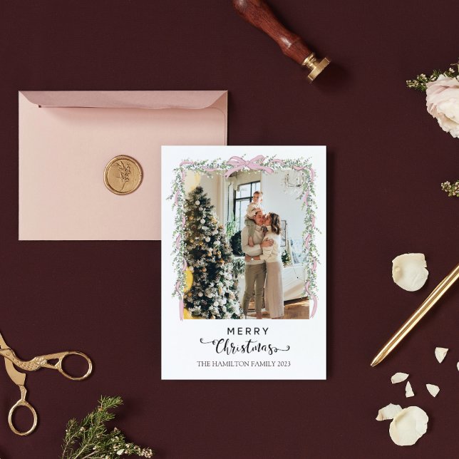 Cartes Pour Fêtes Annuelles Joyeux Noël Script Pink Bow Garland Photo (Créateur téléchargé)