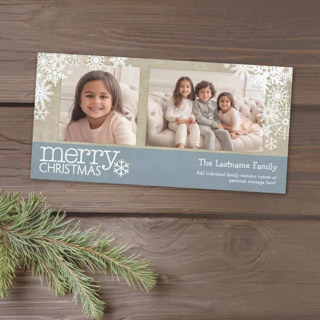 Cartes Pour Fêtes Annuelles Joyeux Noël Snowflakes - 2 photos - horizontal (Add 2 photos to this classic photo card that can be printed or sent out to friends and family.)