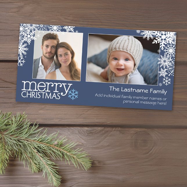 Cartes Pour Fêtes Annuelles Joyeux Noël Snowflakes - 2 photos - horizontal (Add 2 photos to this classic photo card that can be printed or sent out to friends and family.)