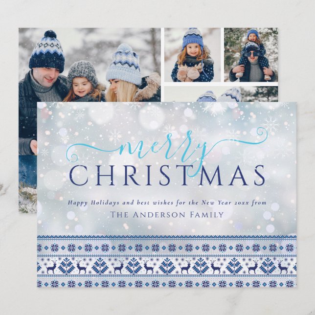 Cartes Pour Fêtes Annuelles Joyeux Noël Snowflakes Folk Motif 4 Photo (Devant / Derrière)