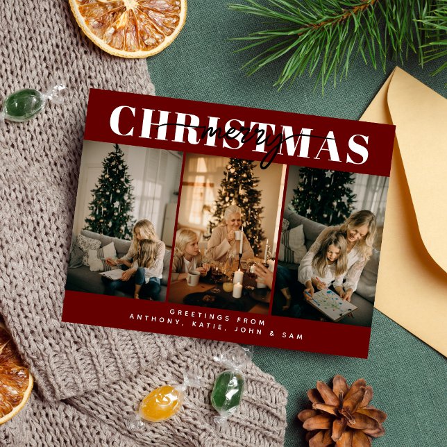 Cartes Pour Fêtes Annuelles Joyeux Noël Trois Famille Typographie Rouge (Créateur téléchargé)