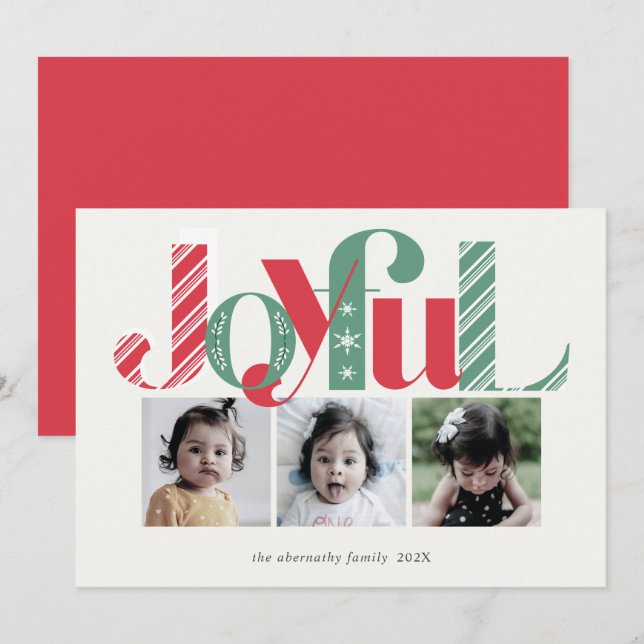 Cartes Pour Fêtes Annuelles Joyeux Noël Trois Photo Rouge Vert (Devant / Derrière)