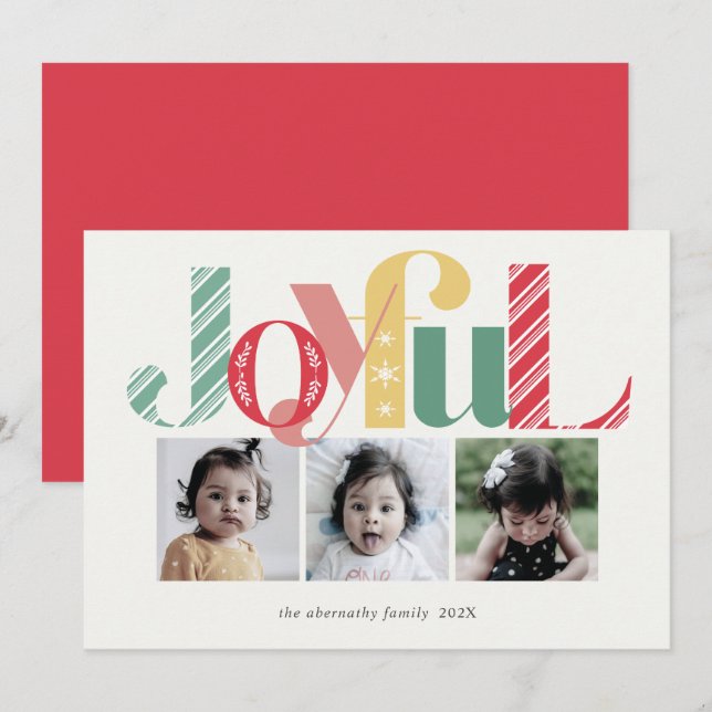 Cartes Pour Fêtes Annuelles Joyeux Noël Trois photos couleurs vives (Devant / Derrière)