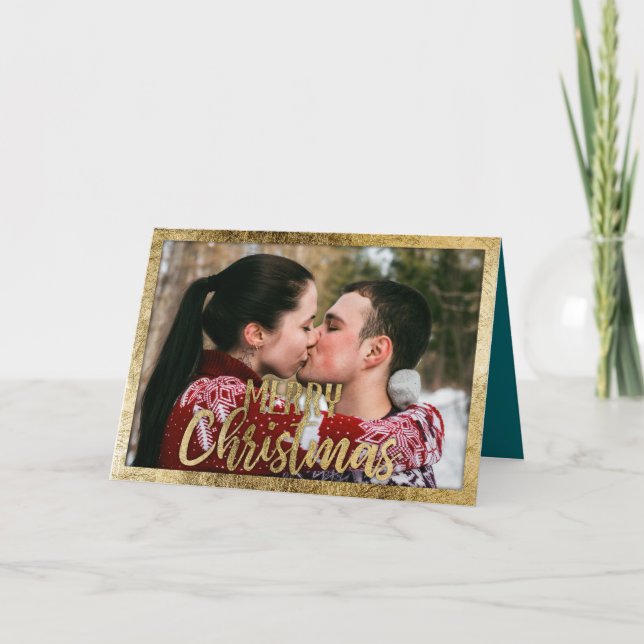 Cartes Pour Fêtes Annuelles Joyeux Noël Turquoise Gold Frontière photo (Devant)
