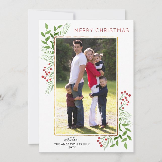 Cartes Pour Fêtes Annuelles Joyeux Noël typographie Feuilles Berries Photo (Devant)