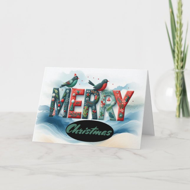 Cartes Pour Fêtes Annuelles Joyeux Noël Typographie Oiseaux (Devant)