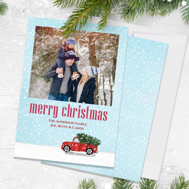 Cartes Pour Fêtes Annuelles Joyeux Noël Une photo Camion Rouge (Christmas classic rustic red truck holiday photo card with whimsical winter snowfall)