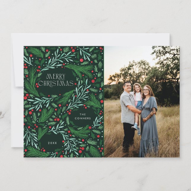 Cartes Pour Fêtes Annuelles Joyeux Noël Verdure et Berrie Design de vacances (Devant)
