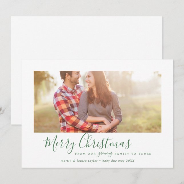 Cartes Pour Fêtes Annuelles Joyeux Noël vert minimal Notre famille grandissant (Devant / Derrière)