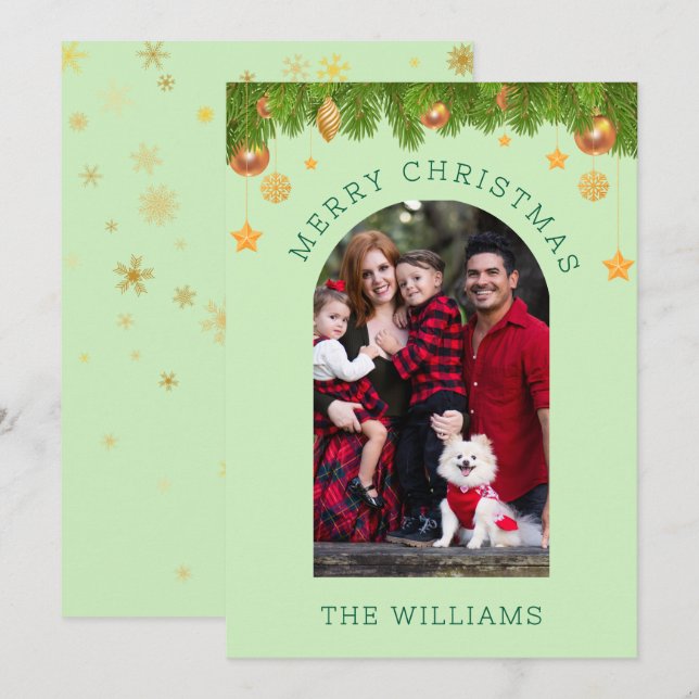 Cartes Pour Fêtes Annuelles Joyeux Noël Vert & Or Personnalisé Photo Un (Devant / Derrière)