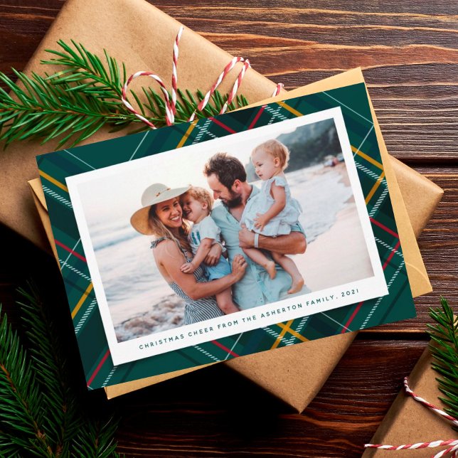 Cartes Pour Fêtes Annuelles Joyeux Noël vert plaid une photo moderne (Créateur téléchargé)