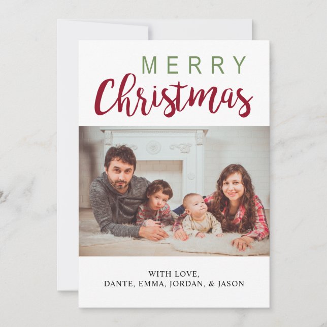 Cartes Pour Fêtes Annuelles Joyeux Noël Vert Rouge Famille Photo Simple Chic (Devant)