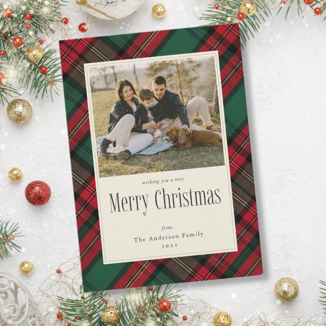 Cartes Pour Fêtes Annuelles Joyeux Noël Vert Rouge Plaid Photo de famille (Mockup View)