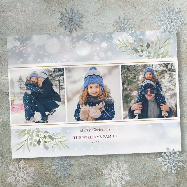 Cartes Pour Fêtes Annuelles Joyeux Noël Vert Snowflakes Photo Collage (Merry Christmas Greenery Snowflakes Photo Collage Holiday Card)