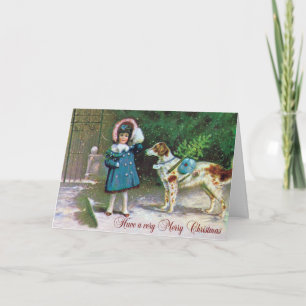Cartes Pour Fêtes Annuelles Joyeux Noël vintage avec le chien de fille