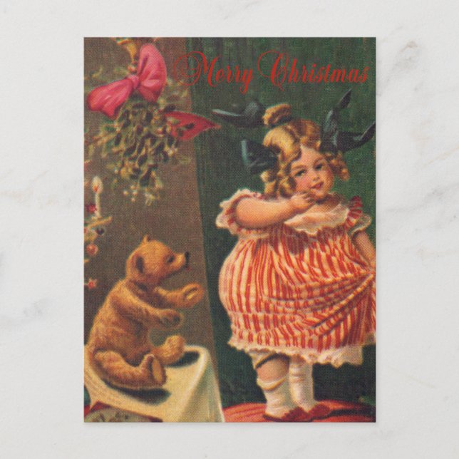 Cartes Pour Fêtes Annuelles Joyeux Noël vintage fille et ours (Devant)