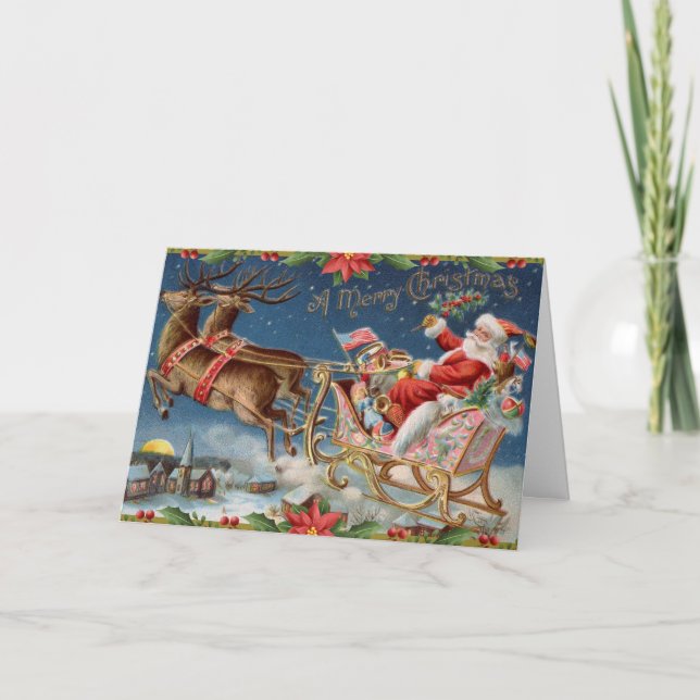 Cartes Pour Fêtes Annuelles Joyeux Noël Vintage Père Noël sur Sleigh (Devant)