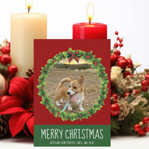 Cartes Pour Fêtes Annuelles Joyeux Noël Wreath mignon Custom Chien Photo Rouge