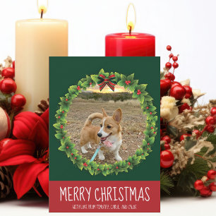 Cartes Pour Fêtes Annuelles Joyeux Noël Wreath mignon Custom Chien Photo Vert