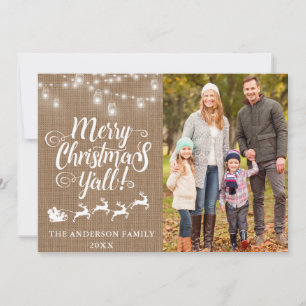 Cartes Pour Fêtes Annuelles Joyeux Noël Y'all Lights Burlap Photo de famille