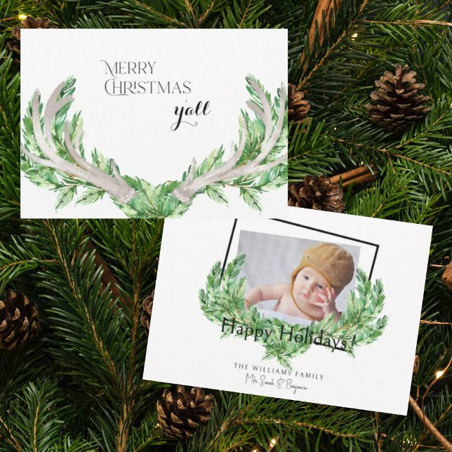 Cartes Pour Fêtes Annuelles Joyeux Noël Y'all Photo Holiday Antlers (Créateur téléchargé)