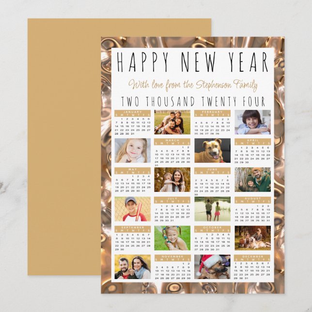 Cartes Pour Fêtes Annuelles Joyeux Nouvel An 12 Photos 2024 Calendrier Gold (Devant / Derrière)