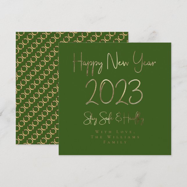 Cartes Pour Fêtes Annuelles Joyeux Nouvel An 2023 Élégant Gold Script Vert (Devant / Derrière)