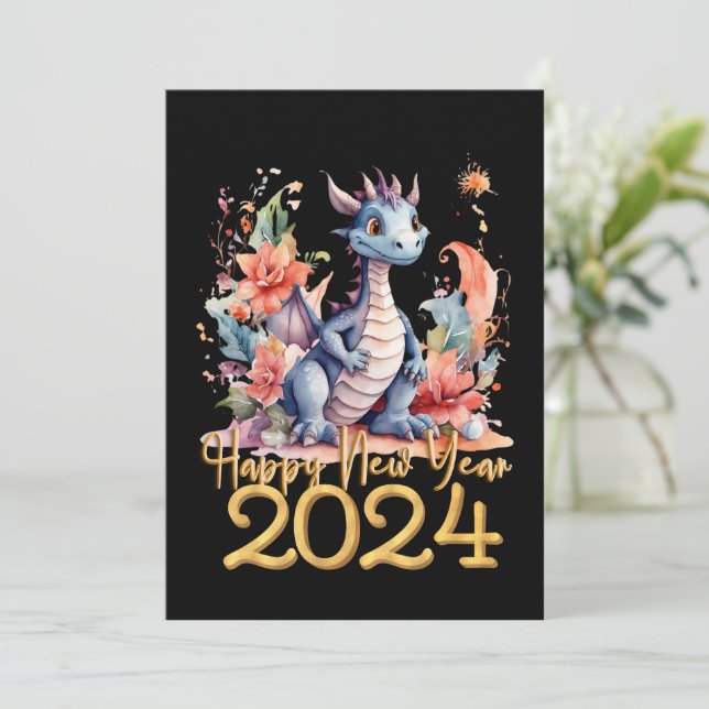 Cartes Pour Fêtes Annuelles Joyeux Nouvel An 2024 Dragon chinois noir (Debout devant)