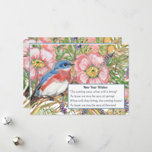 Cartes Pour Fêtes Annuelles Joyeux Nouvel An Floral Aquarelle Bleu Oiseau Poèm