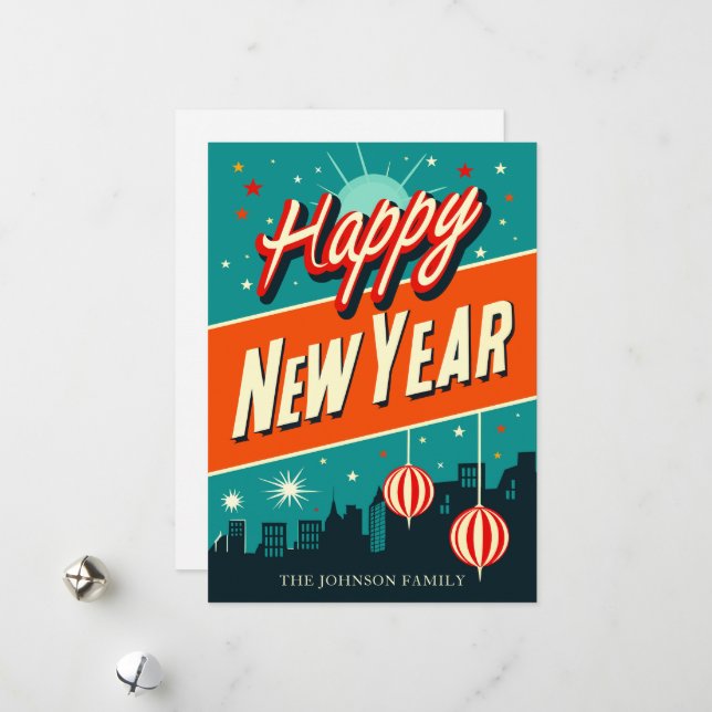 Cartes Pour Fêtes Annuelles Joyeux Nouvel An milieu du siècle (Devant/Arrière en situation)